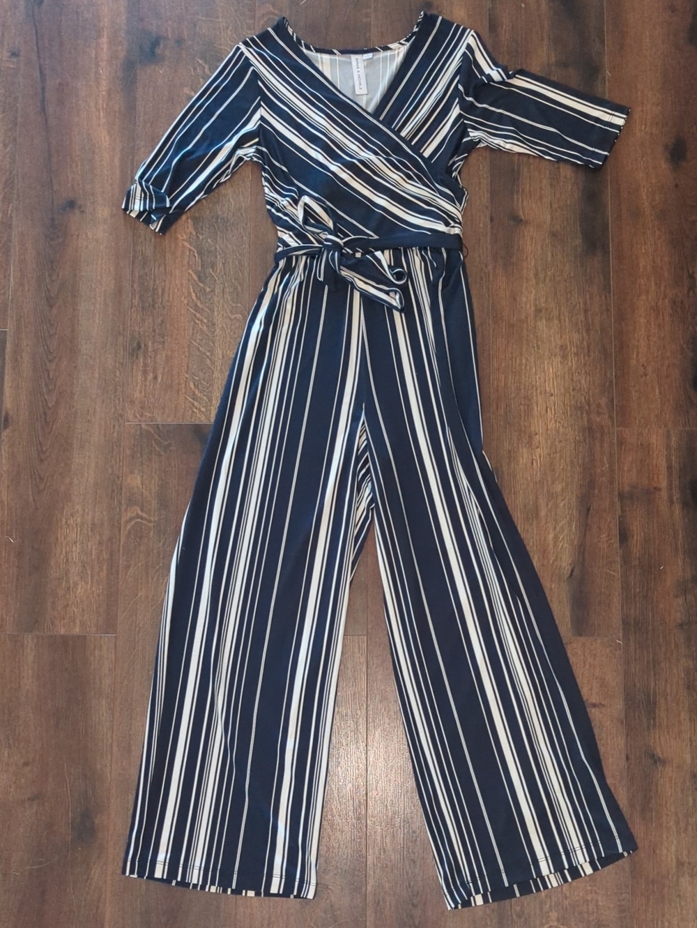 Emma & Michele Navy and White Striped Wrap Jumpsuit